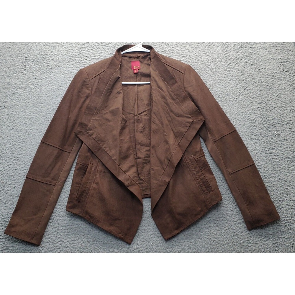 G.I.L.I Leather Jacket Women Size 4 Brown Lined Stretch Pocket Draped Open Front